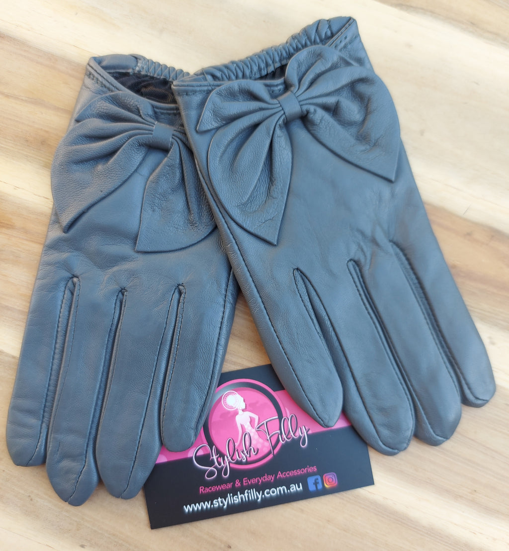 BOW GLOVES (GENUINE LEATHER) - GREY